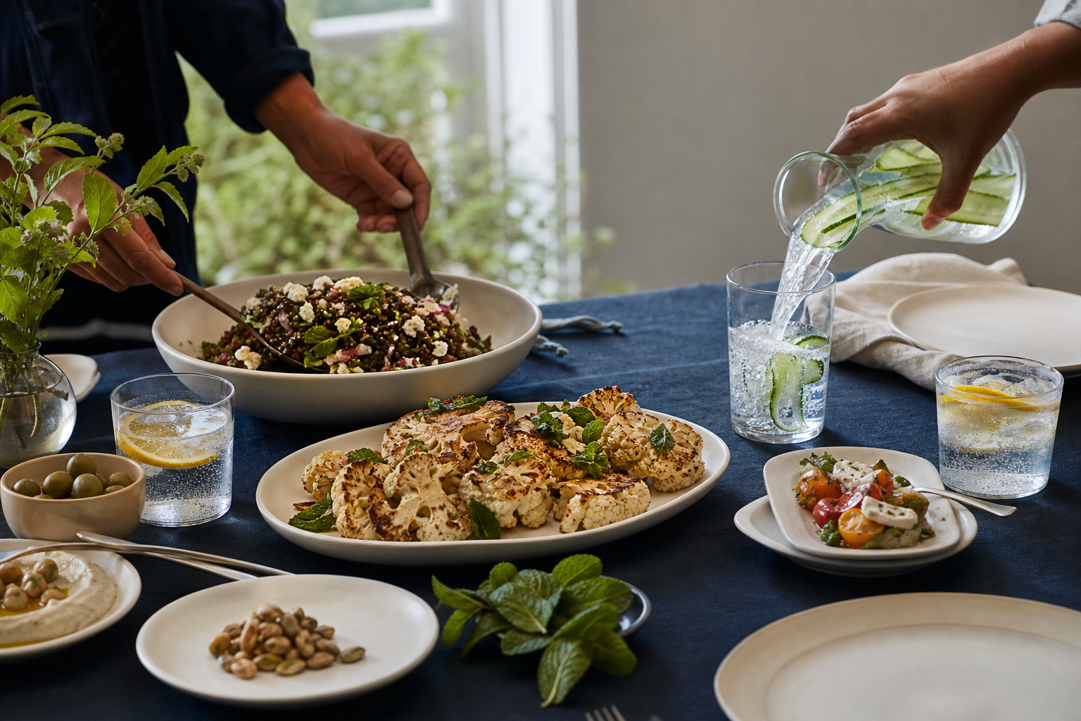 Alcoholvrije tafel met komkommerwater, geroosterde bloemkool en linzensalade