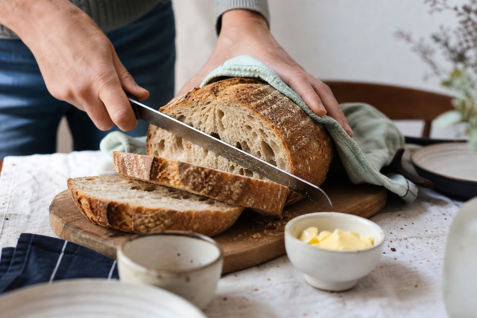Vers rustiek brood dat aan een ontbijttafel in plakken wordt gesneden