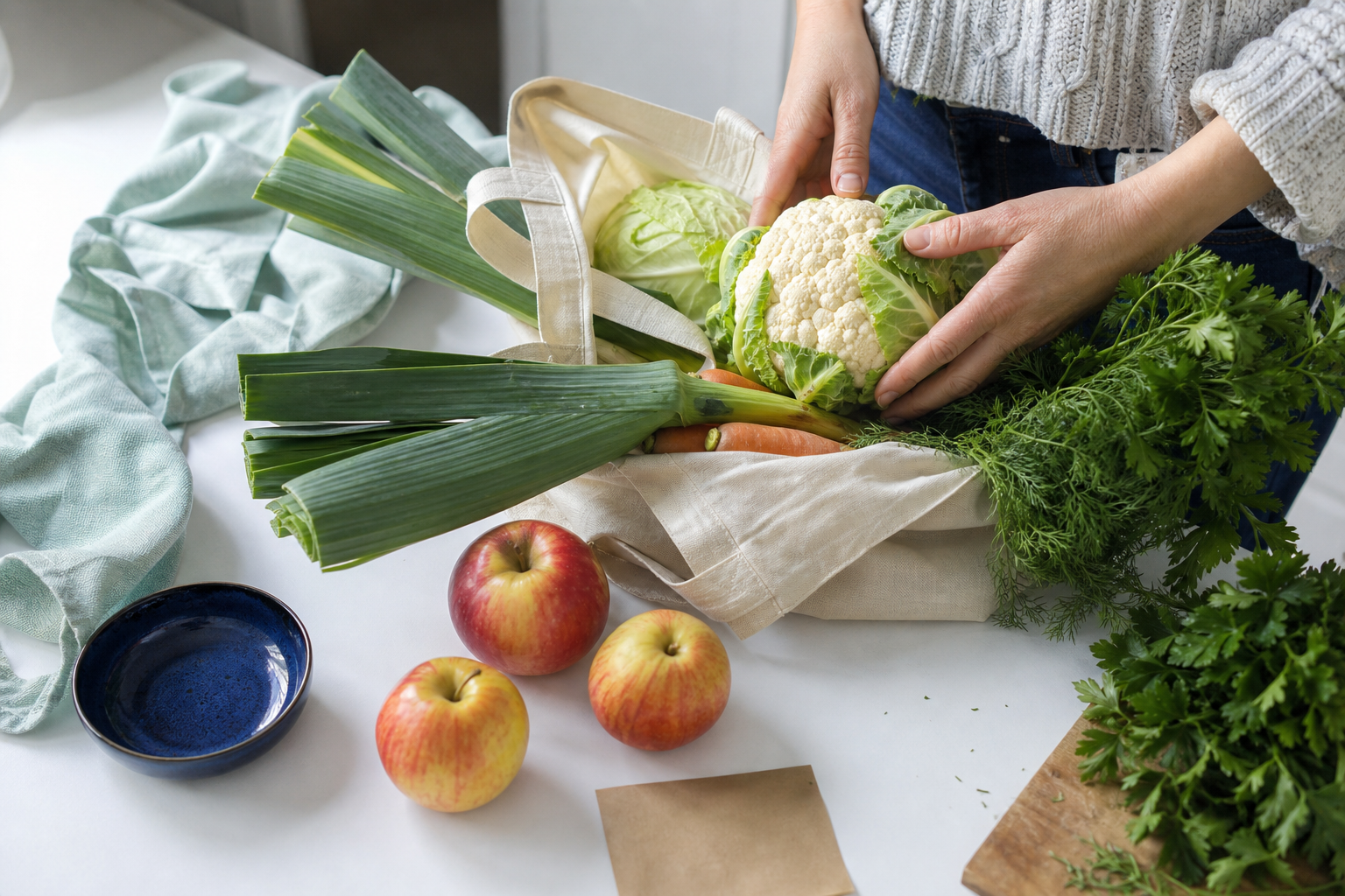 Bloemkool, prei, appels en kruiden worden uit een herbruikbare boodschappentas gehaald